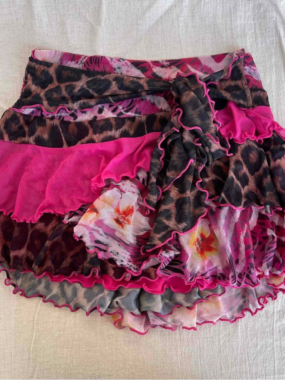 I.AM.GIA Y2k Tiered Mini Skirt in Hot Pink & Leopard Print - NWOT Size XS